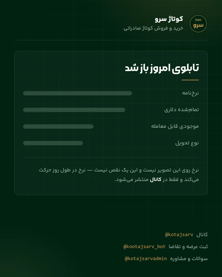 نمای کانال تلگرام کوتاژ سرو: پست روزانه با نرخنامه، موجودی و نوع تحویل